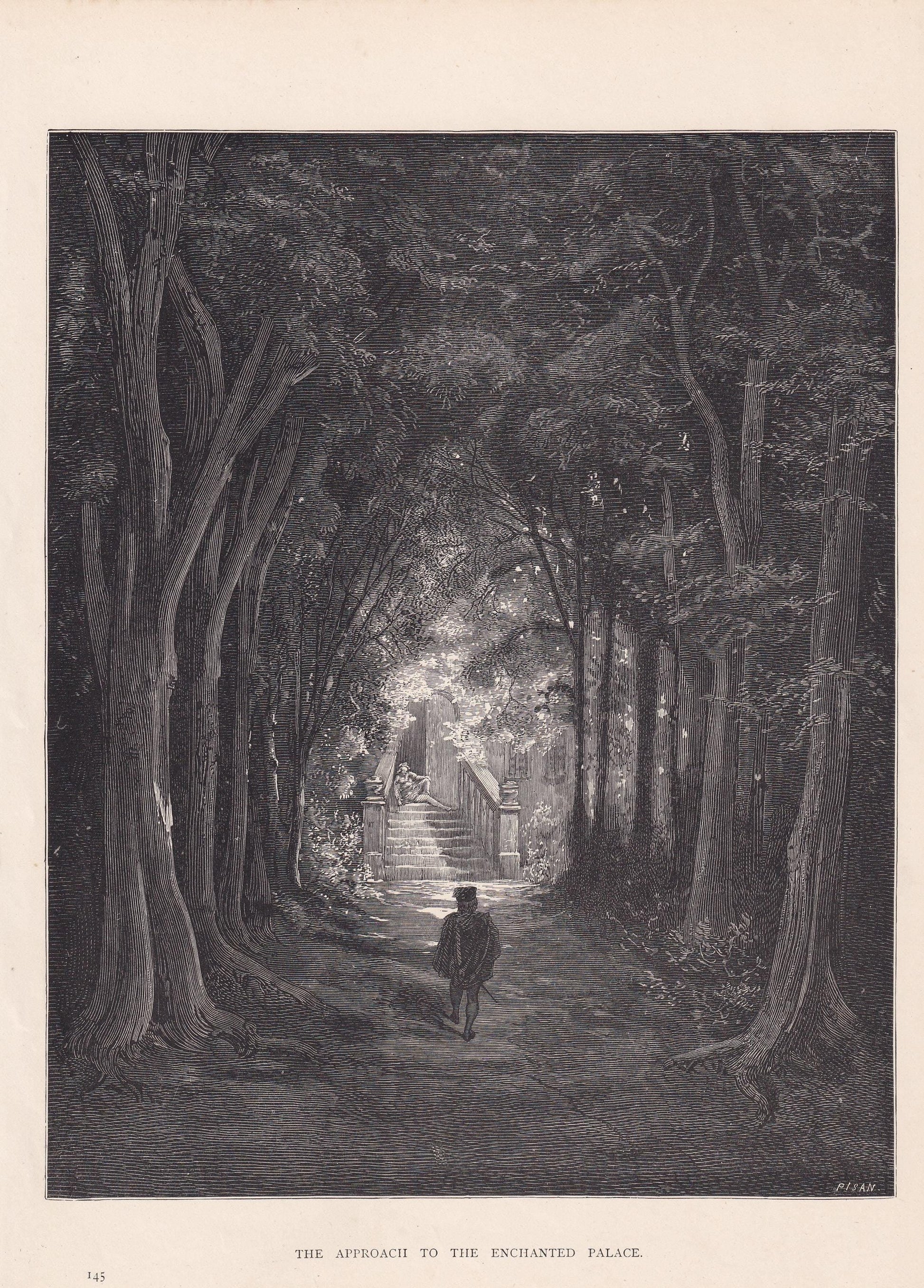 1870 GUSTAVE DORE Print - "The Approach to the Enchanted Palace" - Dore Wall Art - Dore Engraving - 8.5 x 12.8 Inches