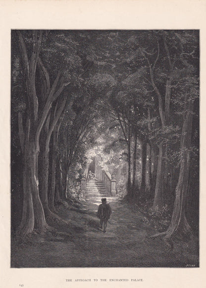 1870 GUSTAVE DORE Print - "The Approach to the Enchanted Palace" - Dore Wall Art - Dore Engraving - 8.5 x 12.8 Inches