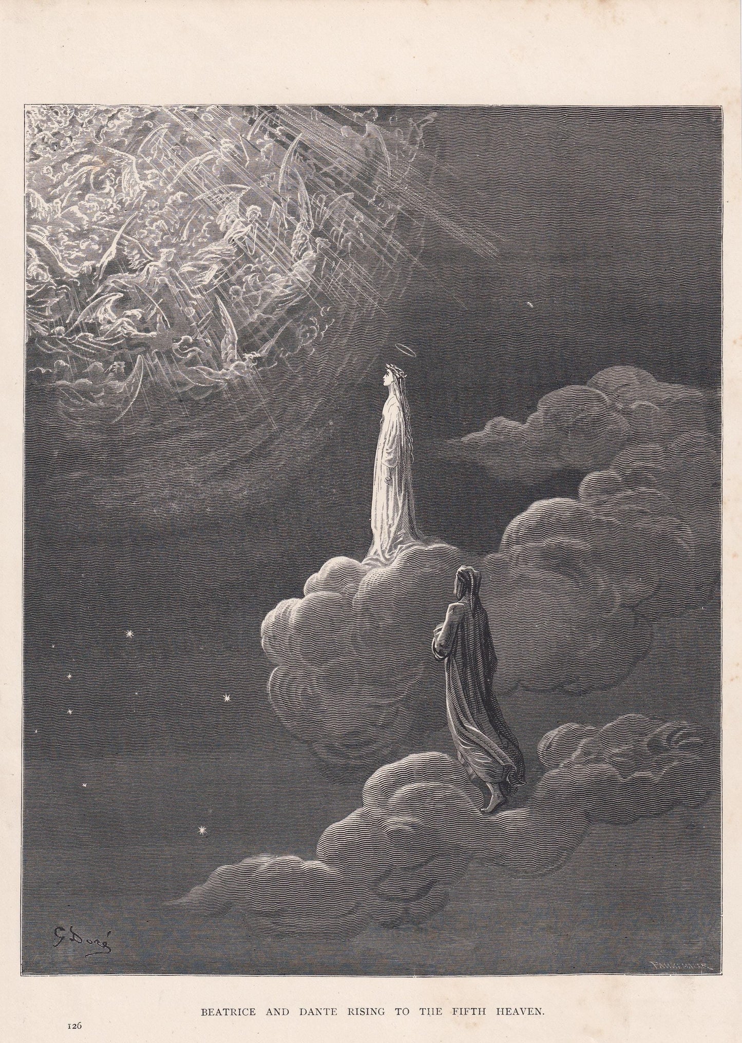 1870 GUSTAVE DORE Print - "Beatrice and Dante Rising to the Fifth Heaven" - Dore Wall Art - Dore Engraving - 8.5 x 12.8 Inche