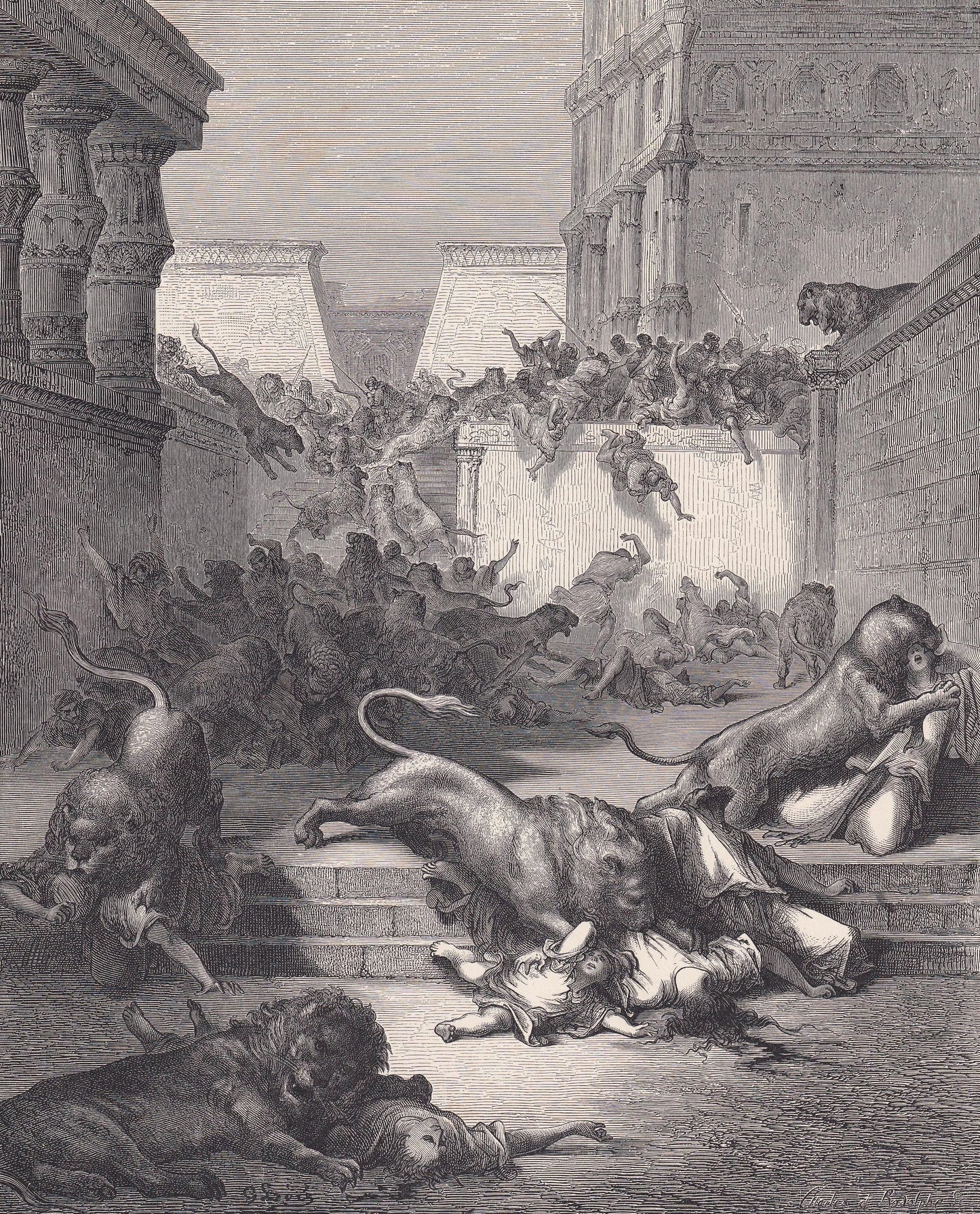 1870 GUSTAVE DORE Print - "The Strange Nations Slain by the Lions of Samaria" - Dore Wall Art - Dore Engraving - 8.5 x 12.2 I