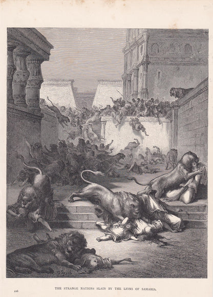 1870 GUSTAVE DORE Print - "The Strange Nations Slain by the Lions of Samaria" - Dore Wall Art - Dore Engraving - 8.5 x 12.2 I