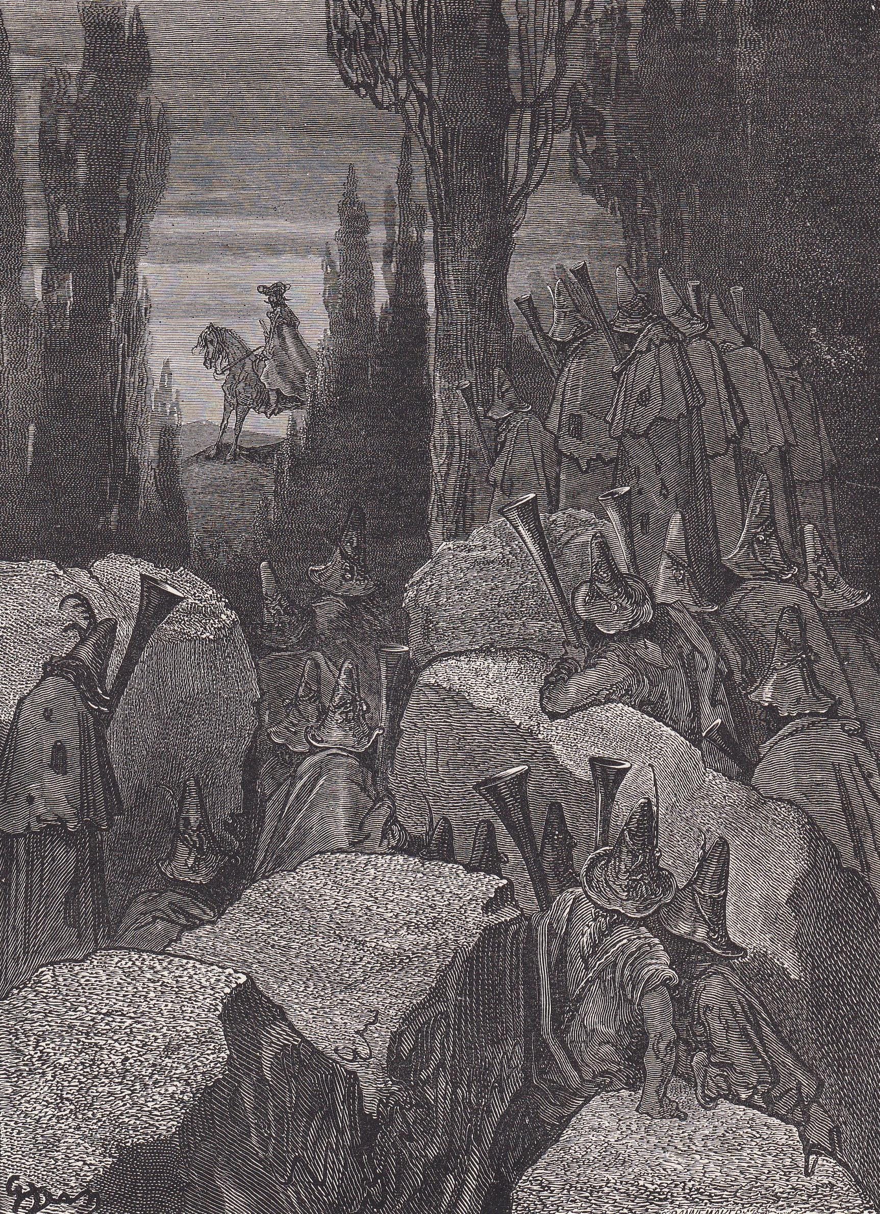 1870 GUSTAVE DORE Print - "Munchausen Among the Brigands" - Dore Wall Art - Dore Engraving - 8.5 x 12.2 Inches