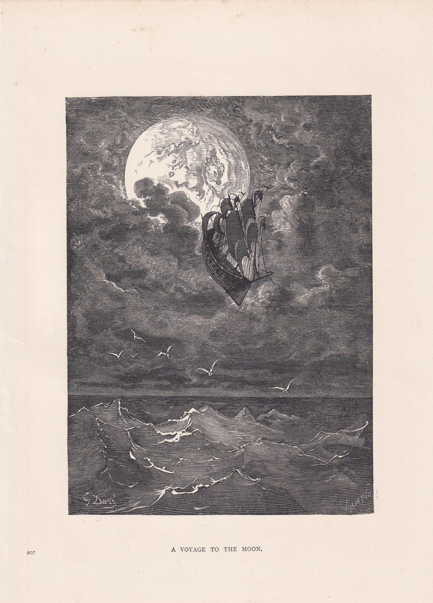 1870 GUSTAVE DORE Print - "A Voyage to the Moon" - Dore Wall Art - Dore Engraving - 8.5 x 12.8 Inches