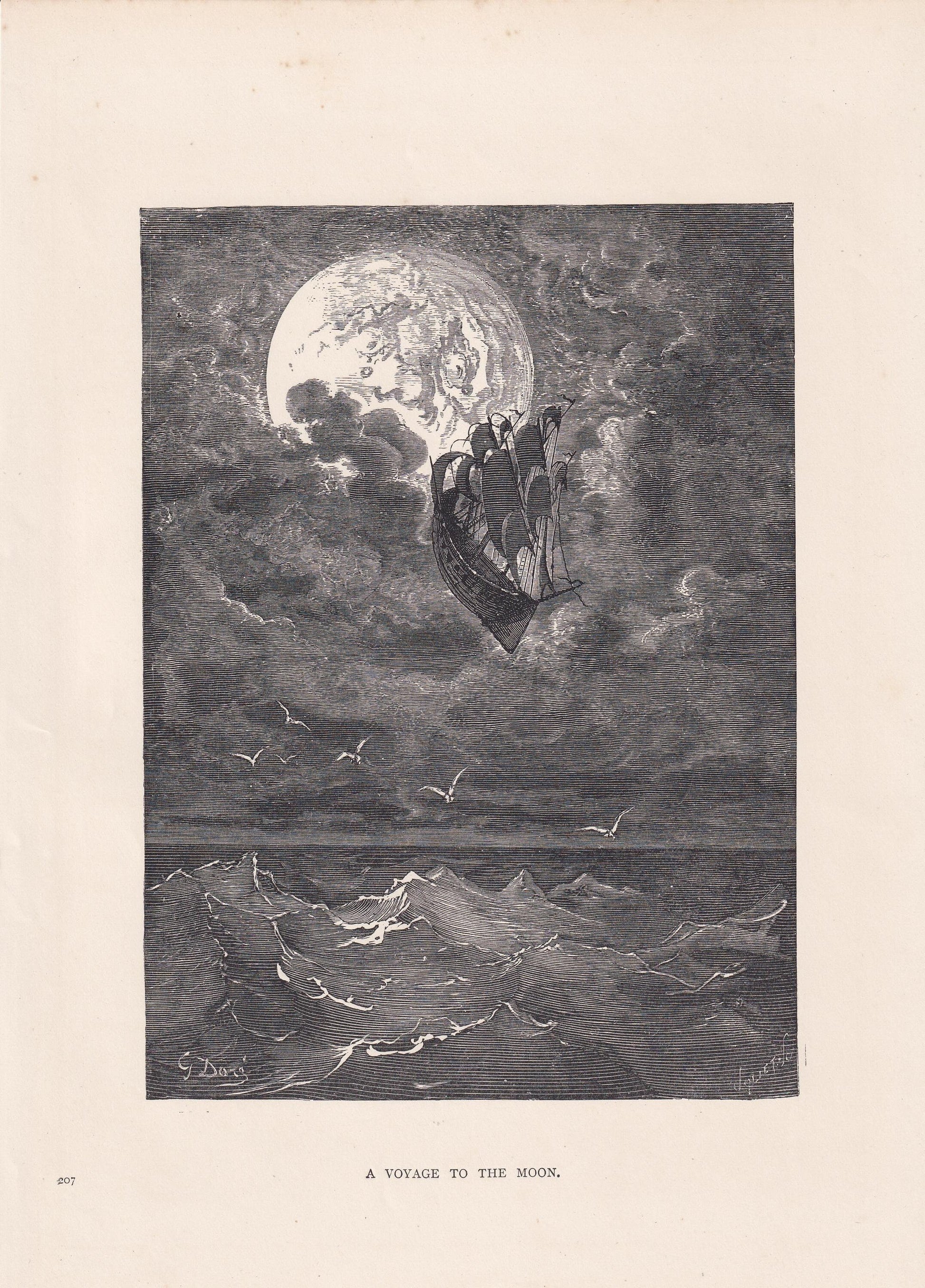 1870 GUSTAVE DORE Print - "A Voyage to the Moon" - Dore Wall Art - Dore Engraving - 8.5 x 12.8 Inches