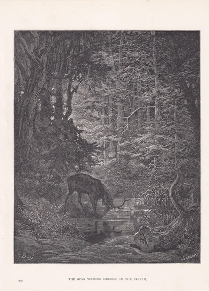1870 GUSTAVE DORE Print - "The Stag Viewing Himself in the Stream" - Dore Wall Art - Dore Engraving - 8.5 x 12.2 Inches