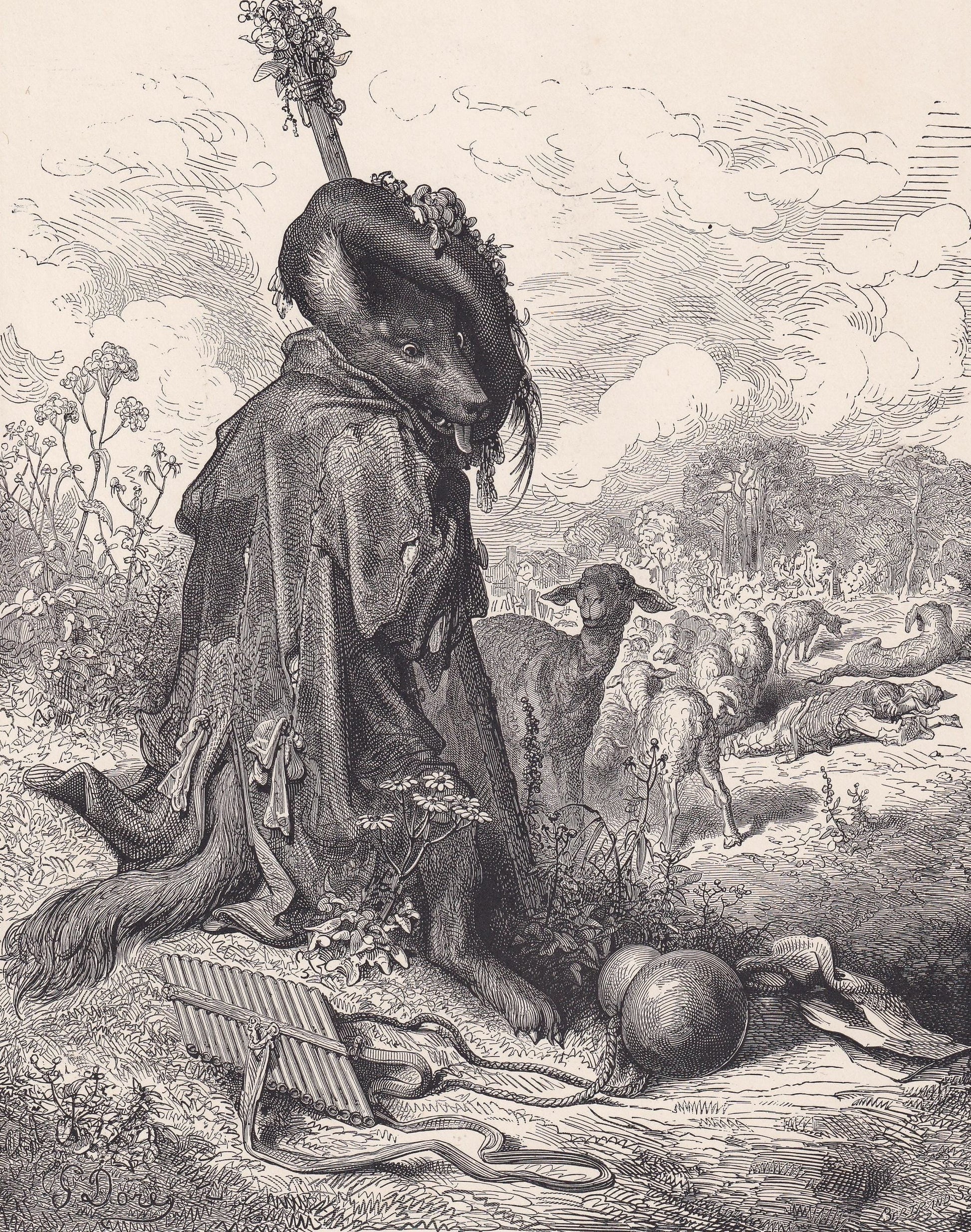 1870 GUSTAVE DORE Print - "The Wolf Turned Shepherd" - Dore Wall Art - Antique Dore Engraving - 8.5 x 12.2 Inches