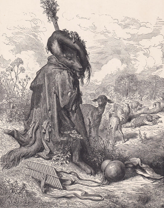 1870 GUSTAVE DORE Print - "The Wolf Turned Shepherd" - Dore Wall Art - Antique Dore Engraving - 8.5 x 12.2 Inches