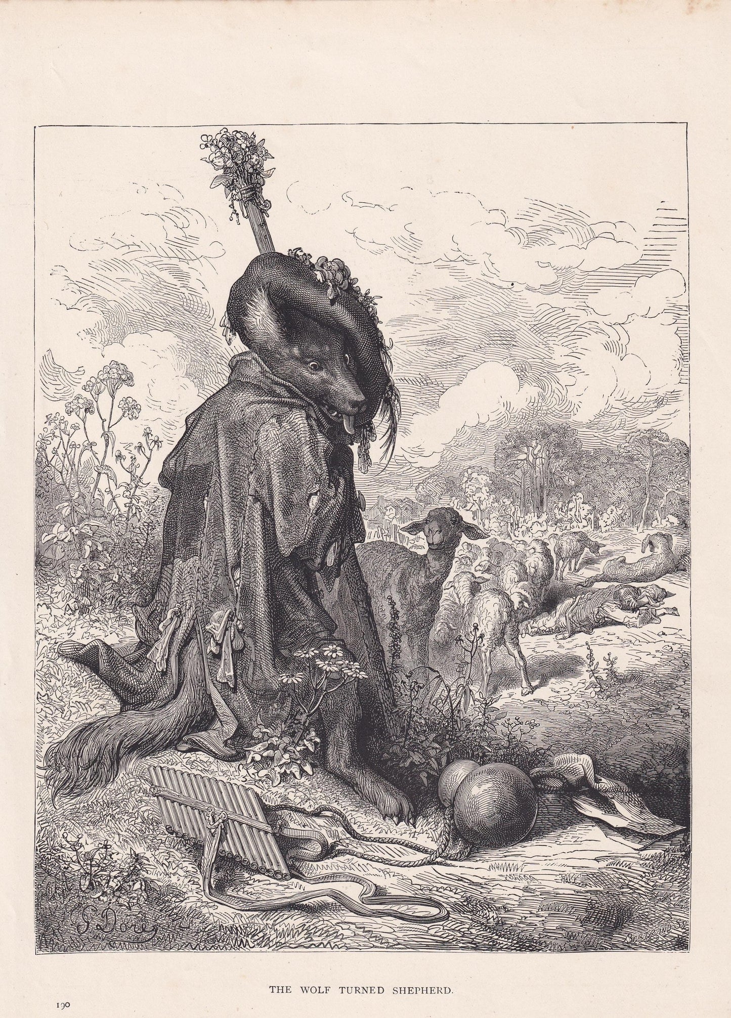 1870 GUSTAVE DORE Print - "The Wolf Turned Shepherd" - Dore Wall Art - Antique Dore Engraving - 8.5 x 12.2 Inches