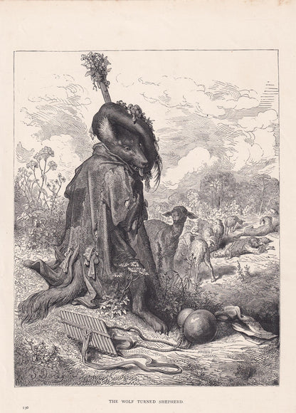 1870 GUSTAVE DORE Print - "The Wolf Turned Shepherd" - Dore Wall Art - Antique Dore Engraving - 8.5 x 12.2 Inches