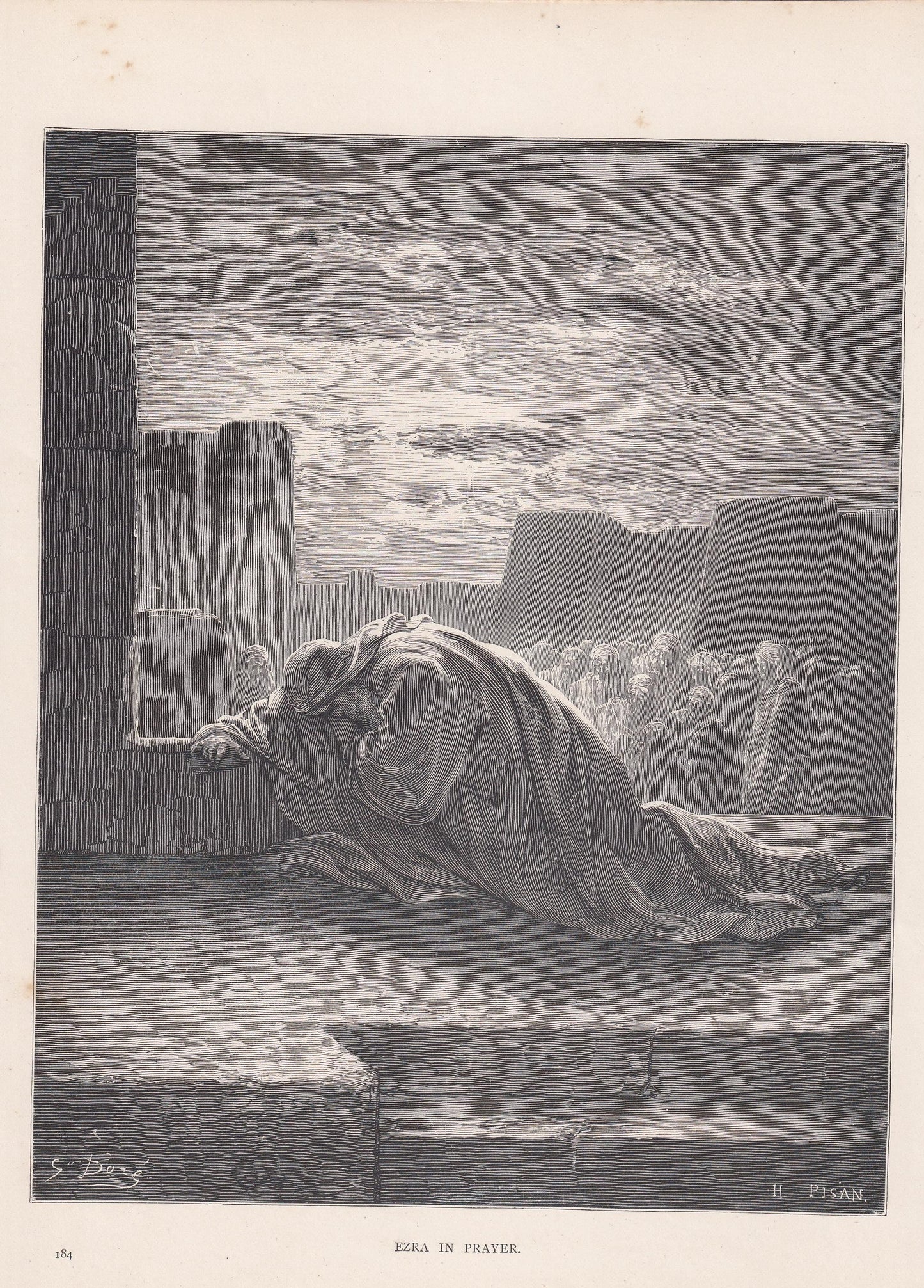 1870 GUSTAVE DORE Print - "Ezra in Prayer" - Dore Wall Art - Antique Dore Engraving - 8.5 x 12.2 Inches
