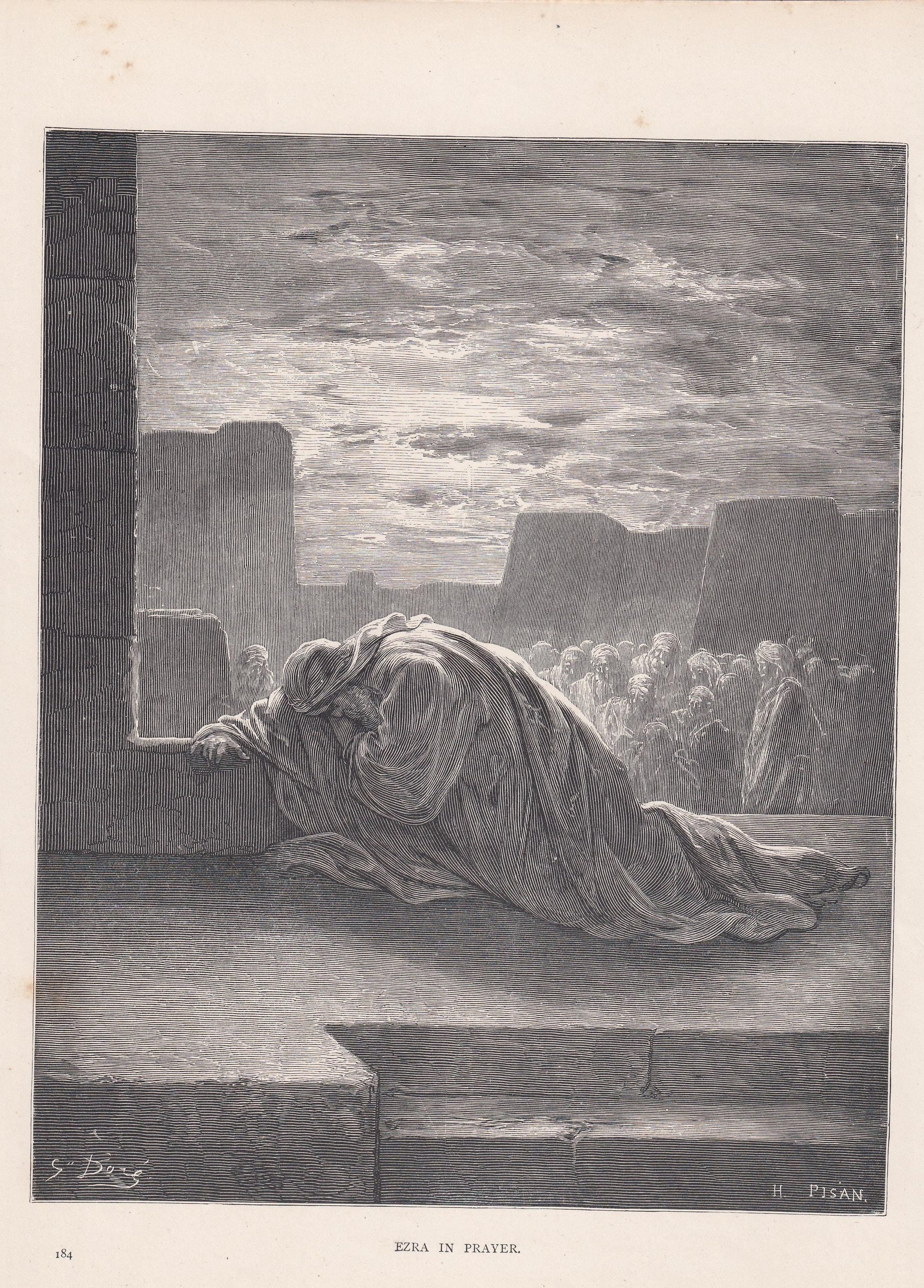 1870 GUSTAVE DORE Print - "Ezra in Prayer" - Dore Wall Art - Antique Dore Engraving - 8.5 x 12.2 Inches