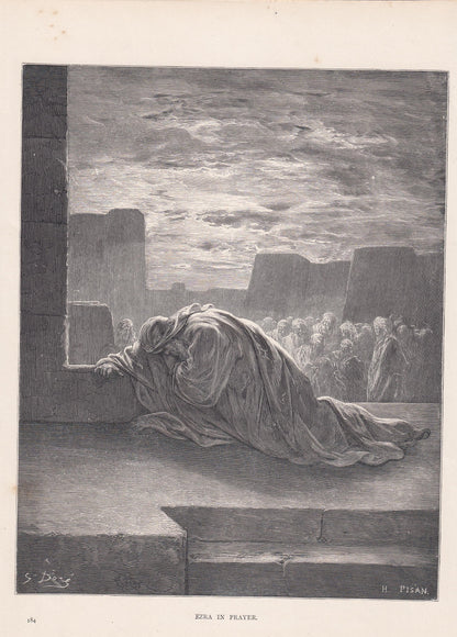 1870 GUSTAVE DORE Print - "Ezra in Prayer" - Dore Wall Art - Antique Dore Engraving - 8.5 x 12.2 Inches