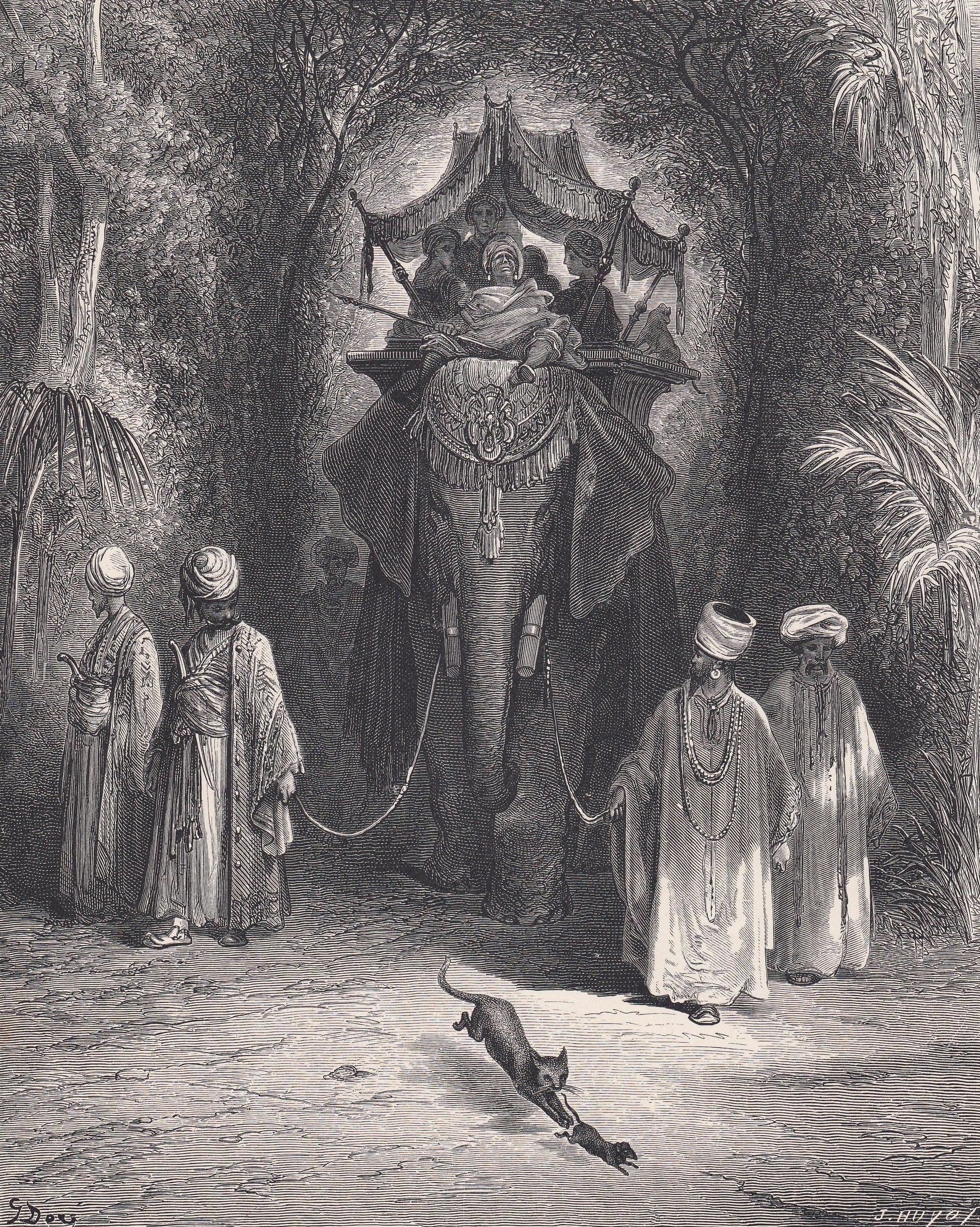 1870 GUSTAVE DORE Print - "The Rat and the Elephant" - Dore Wall Art - Antique Dore Engraving - 8.5 x 12.2 Inches