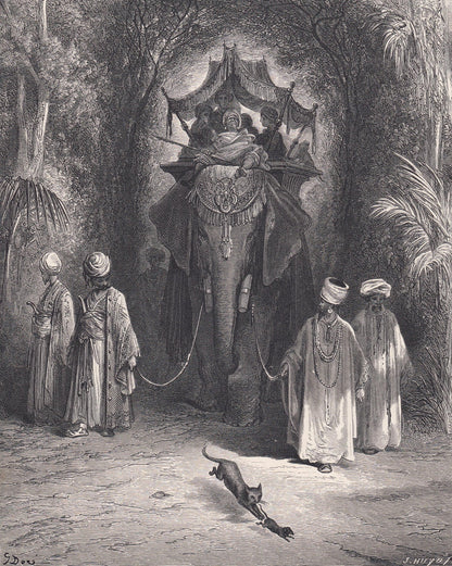 1870 GUSTAVE DORE Print - "The Rat and the Elephant" - Dore Wall Art - Antique Dore Engraving - 8.5 x 12.2 Inches