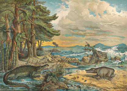 1878 DINOSAUR Print - Triassic Period - Antique Paleoart - Dinosaur Wall Art - Phytosaur, Mastodonsaurus - 16.5 x 12.5 Inches