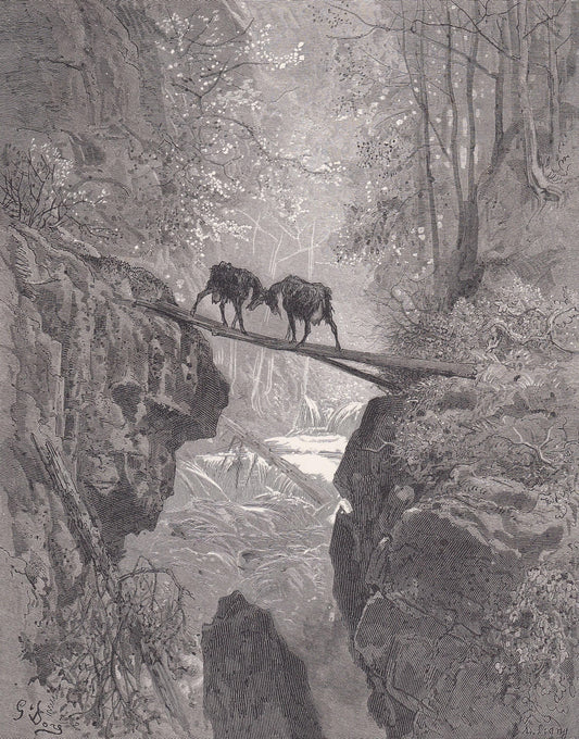 1870 GUSTAVE DORE Print - "The Two Goats" - Dore Wall Art - Antique Dore Engraving - 8.5 x 12.2 Inches