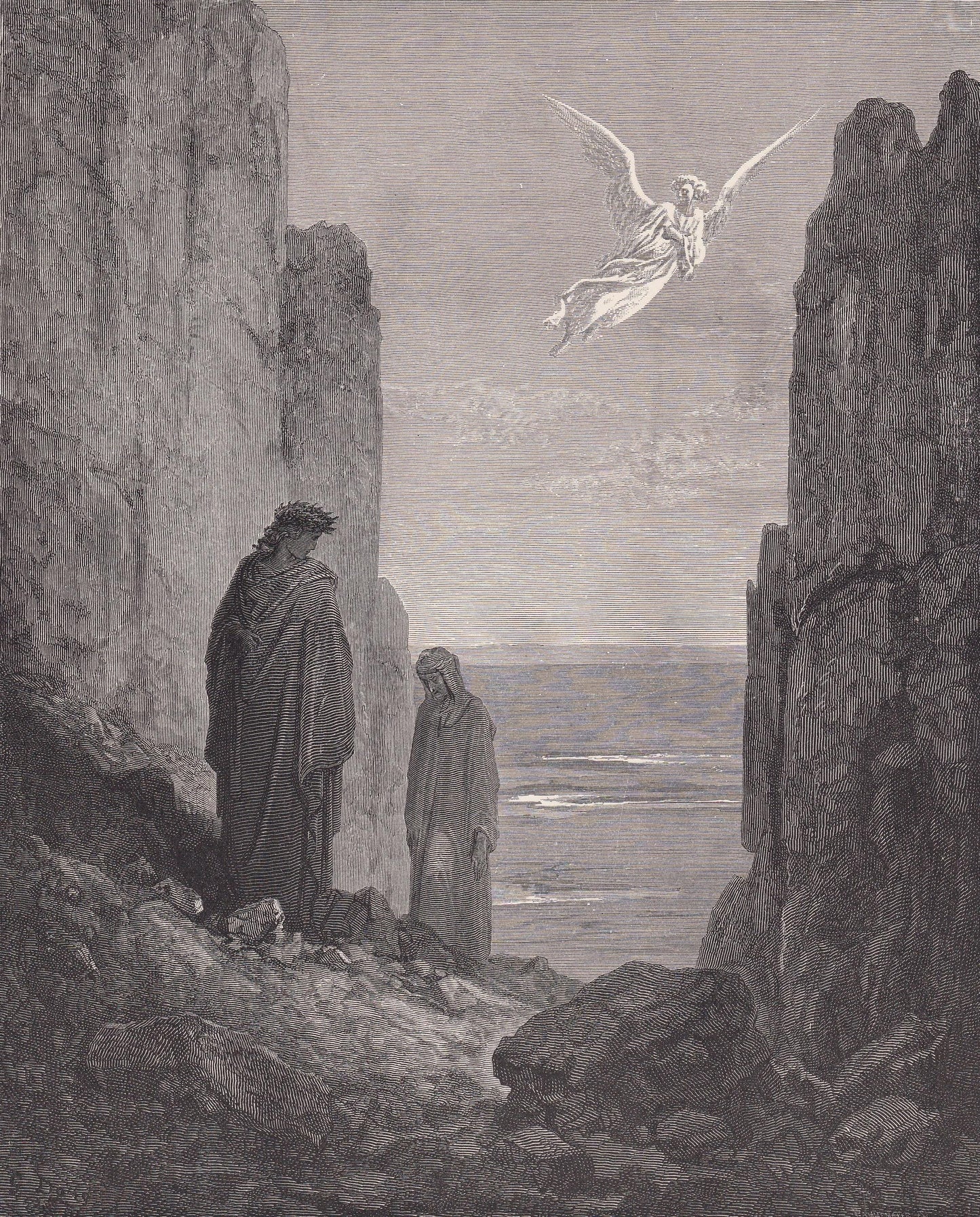 1870 GUSTAVE DORE Print - "The Angelic Guide" - Dore Wall Art - Antique Dore Engraving - 8.5 x 12.2 Inches