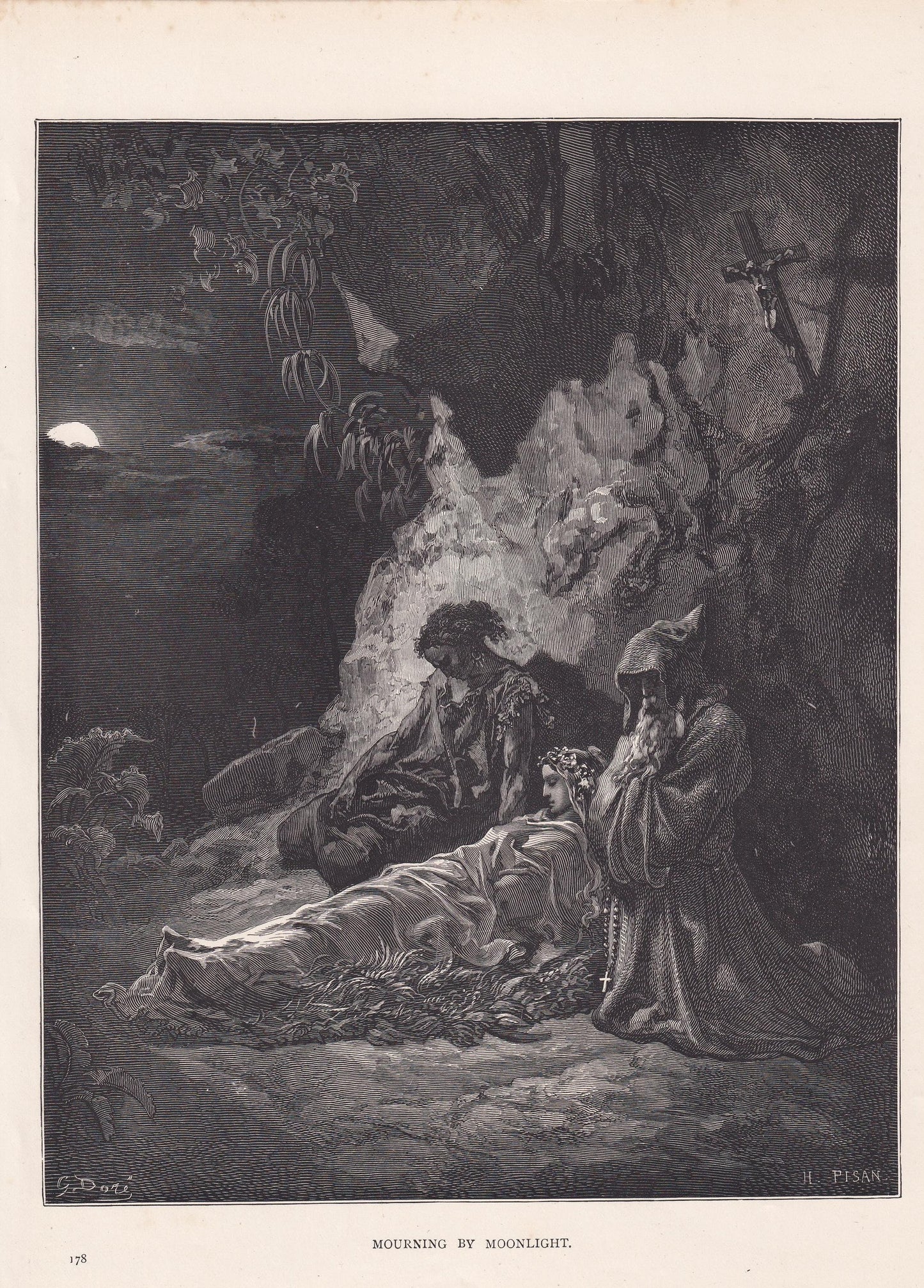 1870 GUSTAVE DORE Print - "Mourning By Moonlight" - Dore Wall Art - Dore Engraving - 8.5 x 12.2 Inches