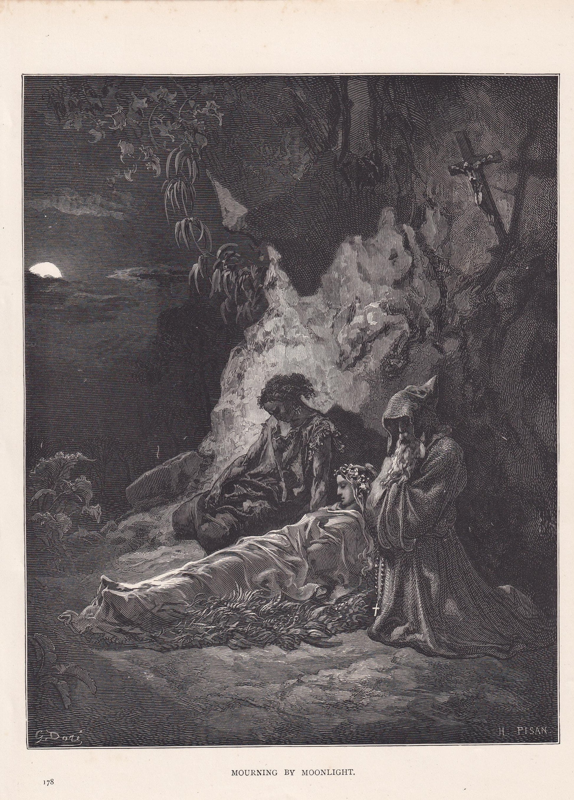 1870 GUSTAVE DORE Print - "Mourning By Moonlight" - Dore Wall Art - Dore Engraving - 8.5 x 12.2 Inches