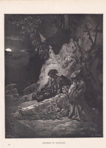1870 GUSTAVE DORE Print - "Mourning By Moonlight" - Dore Wall Art - Dore Engraving - 8.5 x 12.2 Inches