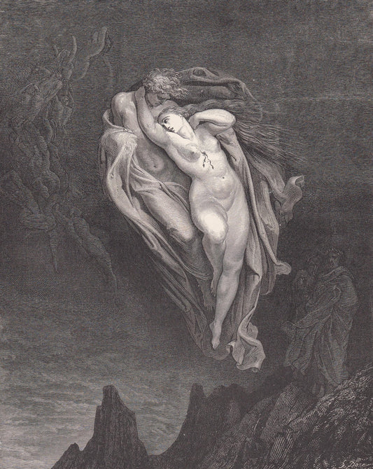 1870 GUSTAVE DORE Print - "The Tortured Lovers" - Dore Wall Art - Antique Dore Engraving - 8.5 x 12.8 Inches