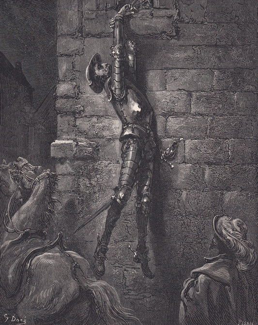 1870 GUSTAVE DORE Print - "The Don's Misadventure" - Dore Wall Art - Antique Dore Engraving - 8.5 x 12.2 Inches