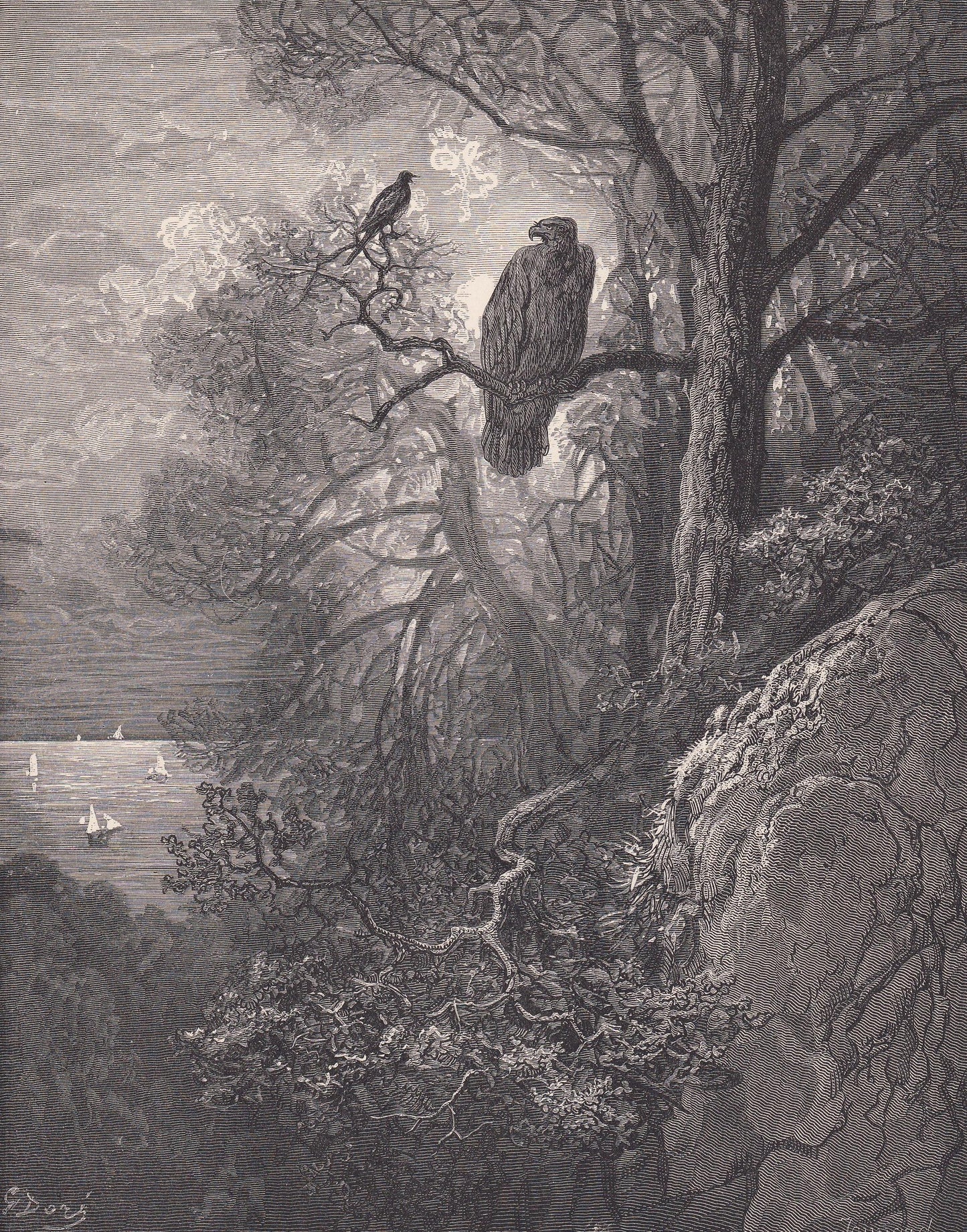 1870 GUSTAVE DORE Print - "The Eagle and the Magpie" - Dore Wall Art - Antique Dore Engraving - 8.5 x 12.2 Inches