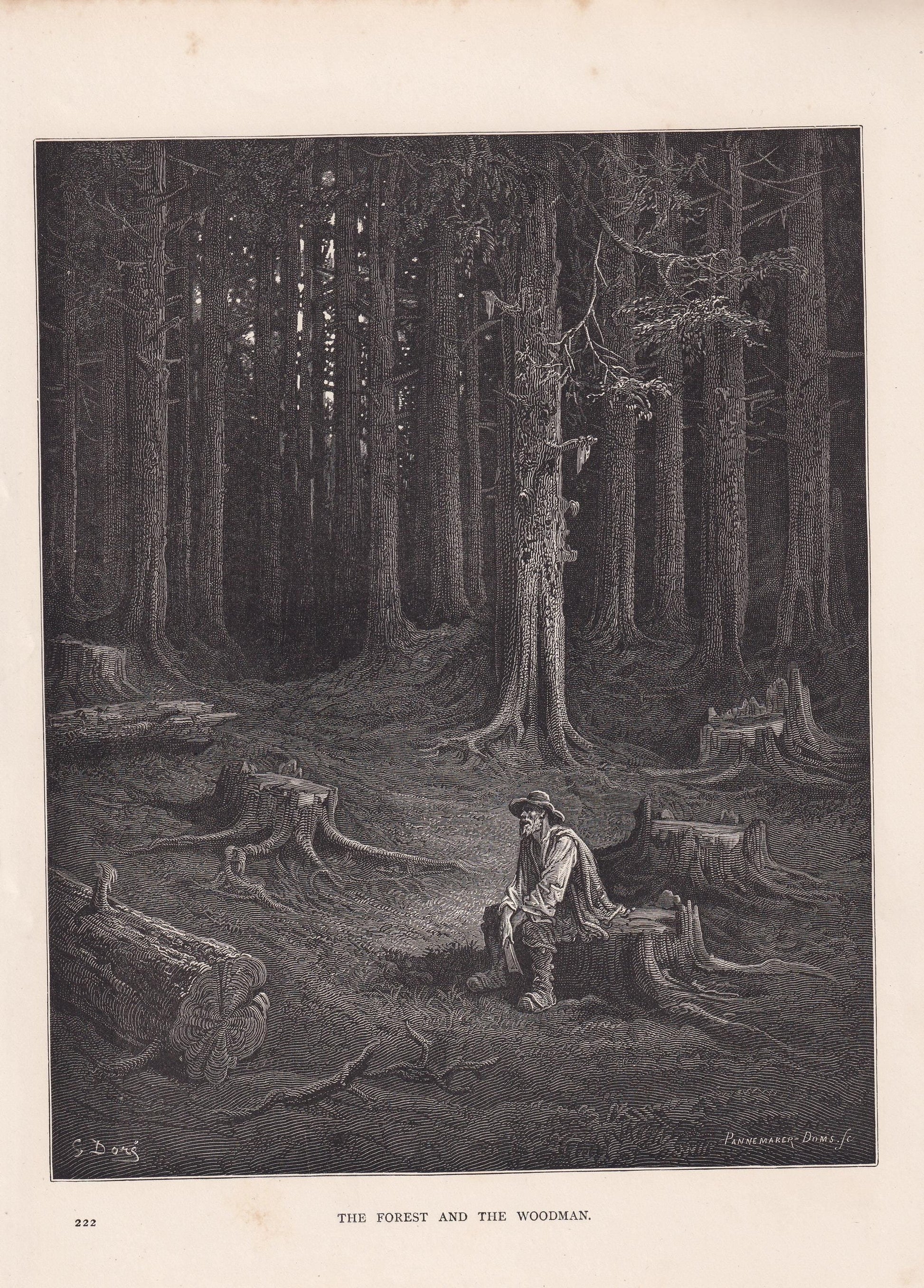1870 GUSTAVE DORE Print - "The Forest and the Woodman" - Dore Wall Art - Antique Dore Engraving - 8.5 x 12.2 Inches