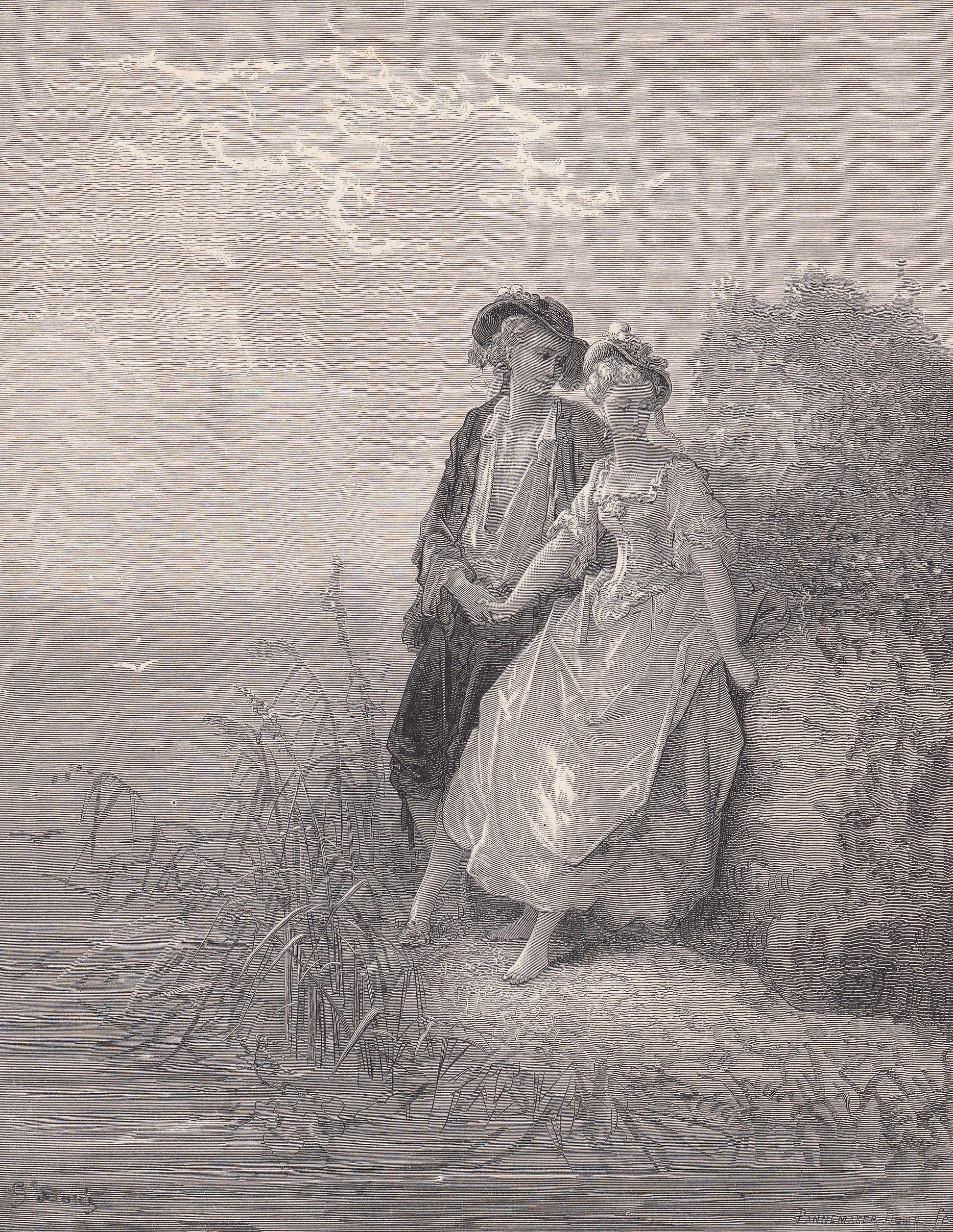 1870 GUSTAVE DORE Print - "Tircis and Amaranth" - Dore Wall Art - Antique Dore Engraving - 8.5 x 12.2 Inches