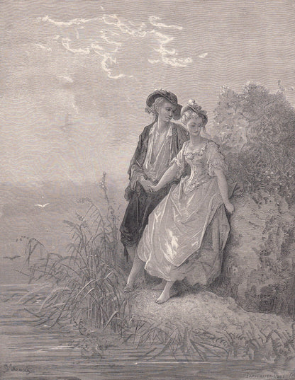 1870 GUSTAVE DORE Print - "Tircis and Amaranth" - Dore Wall Art - Antique Dore Engraving - 8.5 x 12.2 Inches