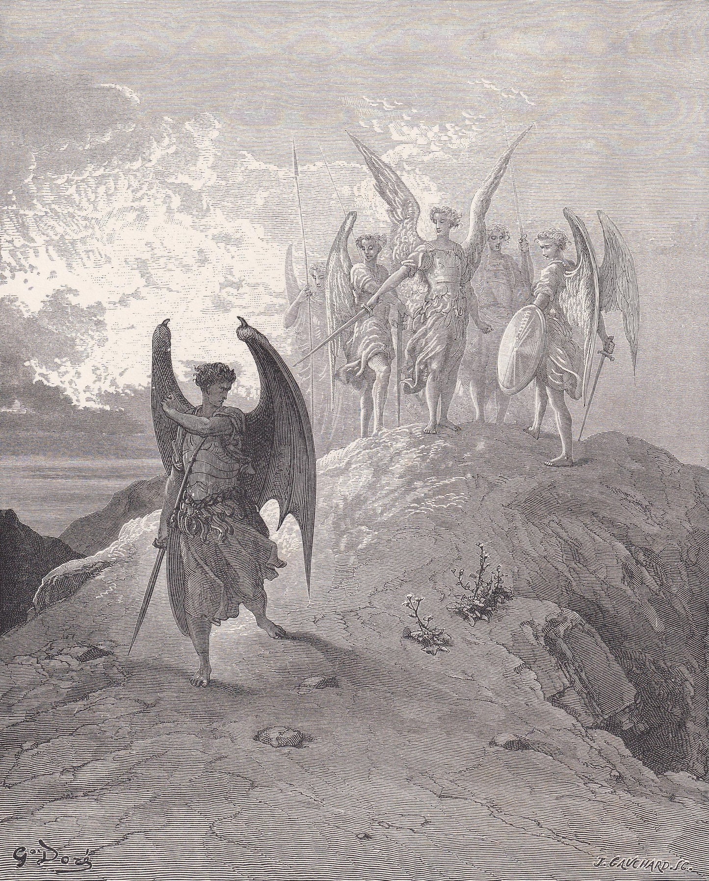 1870 GUSTAVE DORE Print - "Satan Vanquished" - Dore Wall Art - Dore Engraving - 8.5 x 12.8 Inches