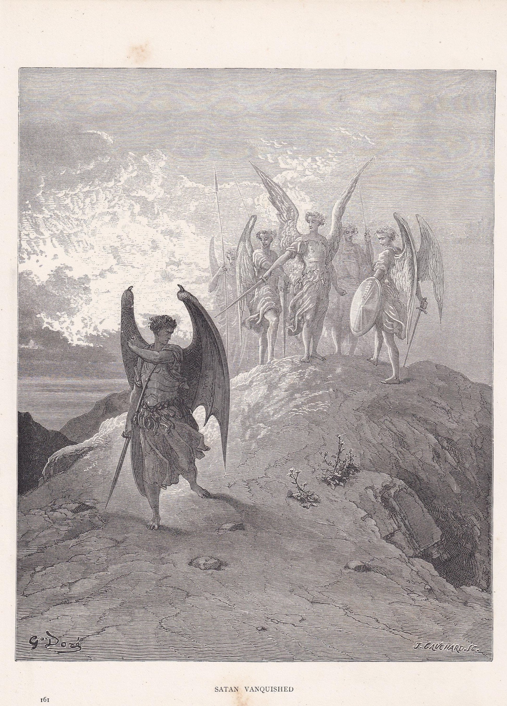 1870 GUSTAVE DORE Print - "Satan Vanquished" - Dore Wall Art - Dore Engraving - 8.5 x 12.8 Inches