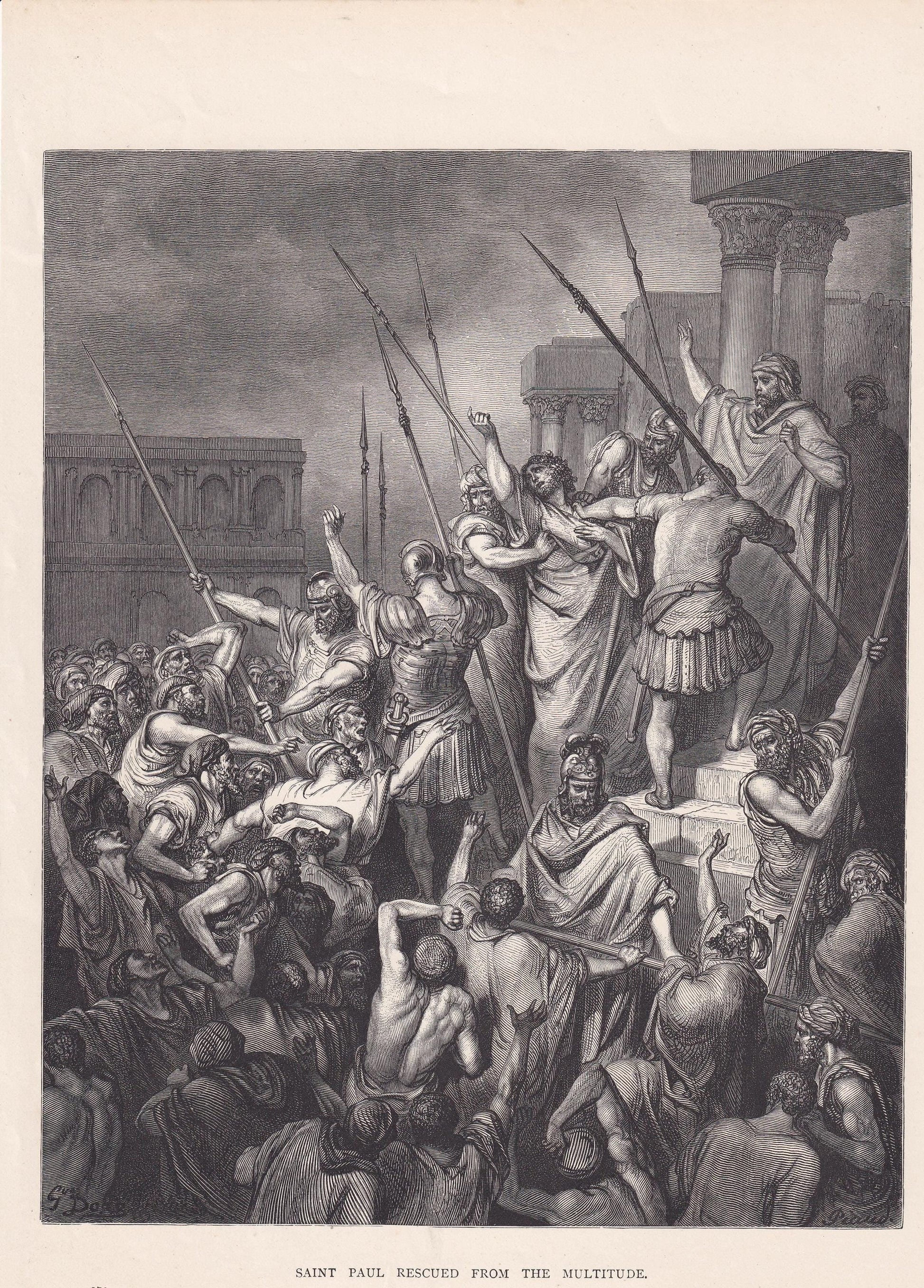 1870 GUSTAVE DORE Print - "Saint Paul Rescued from the Multitude" - Dore Wall Art - Dore Engraving - 8.5 x 12.2 Inches