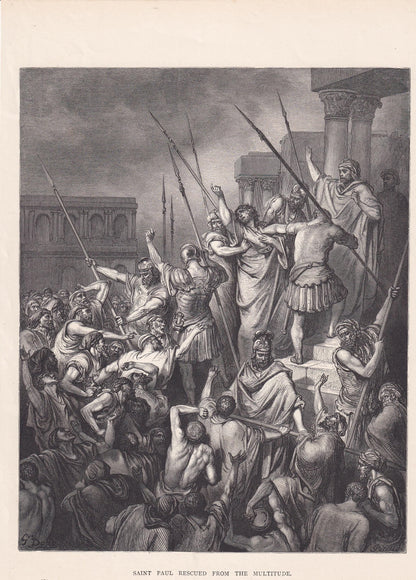 1870 GUSTAVE DORE Print - "Saint Paul Rescued from the Multitude" - Dore Wall Art - Dore Engraving - 8.5 x 12.2 Inches