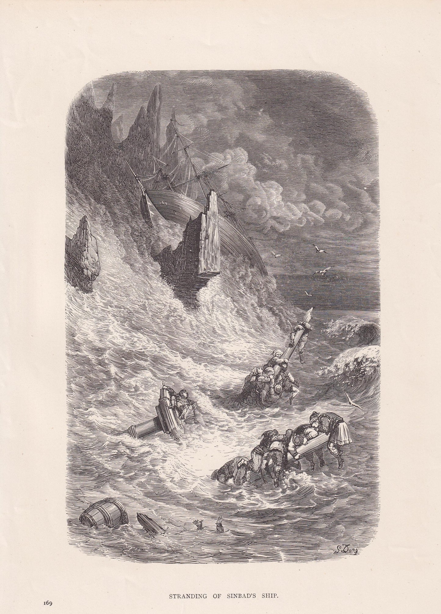 1870 GUSTAVE DORE Print - "Stranding of Sinbad's Ship" - Dore Wall Art - Dore Engraving - 8.5 x 12.2 Inches