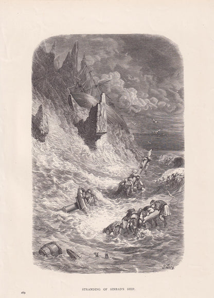 1870 GUSTAVE DORE Print - "Stranding of Sinbad's Ship" - Dore Wall Art - Dore Engraving - 8.5 x 12.2 Inches