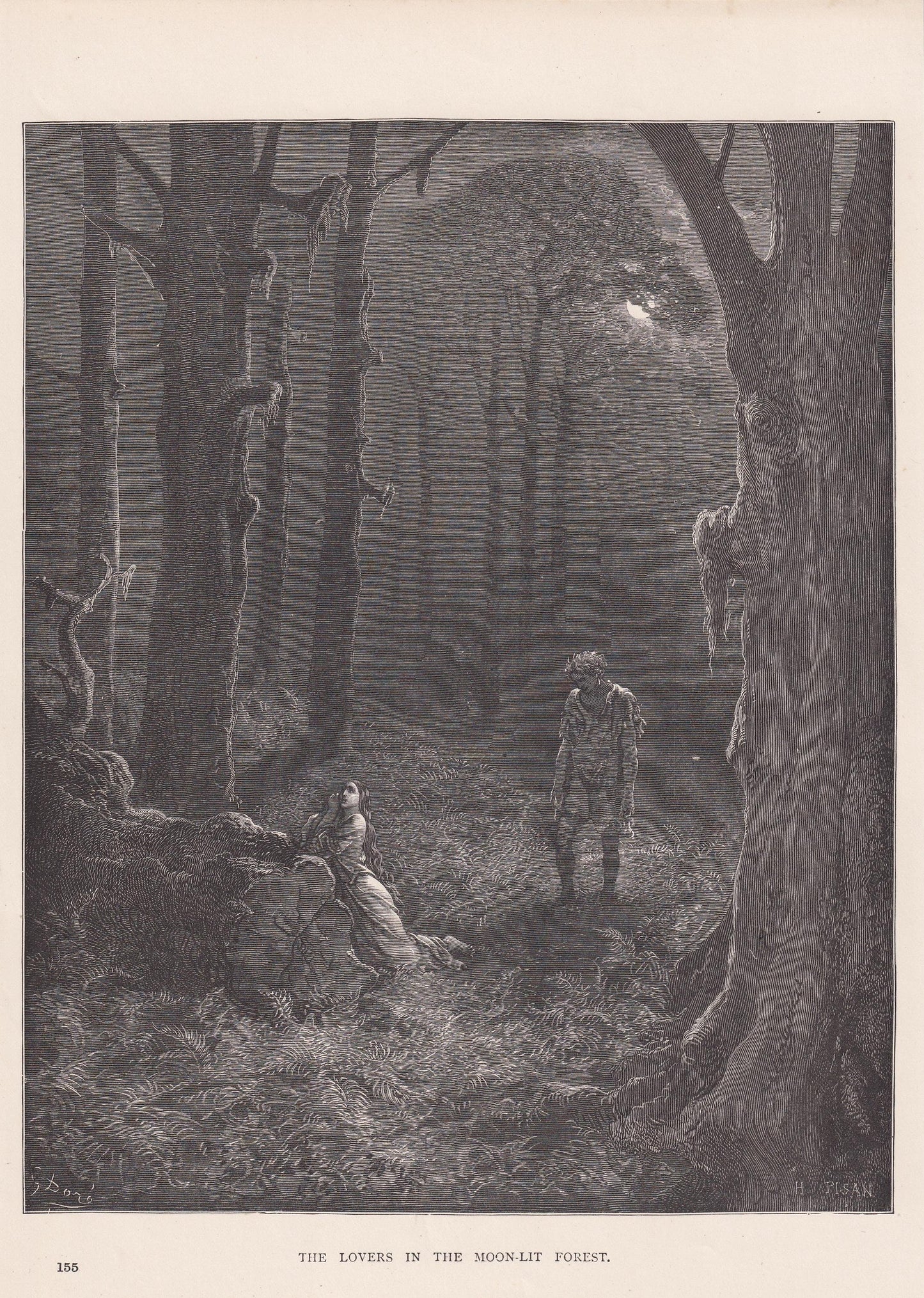 1870 GUSTAVE DORE Print - "The Lovers in the Moonlit Forest" - Dore Wall Art - Dore Engraving - 8.5 x 12.2 Inches