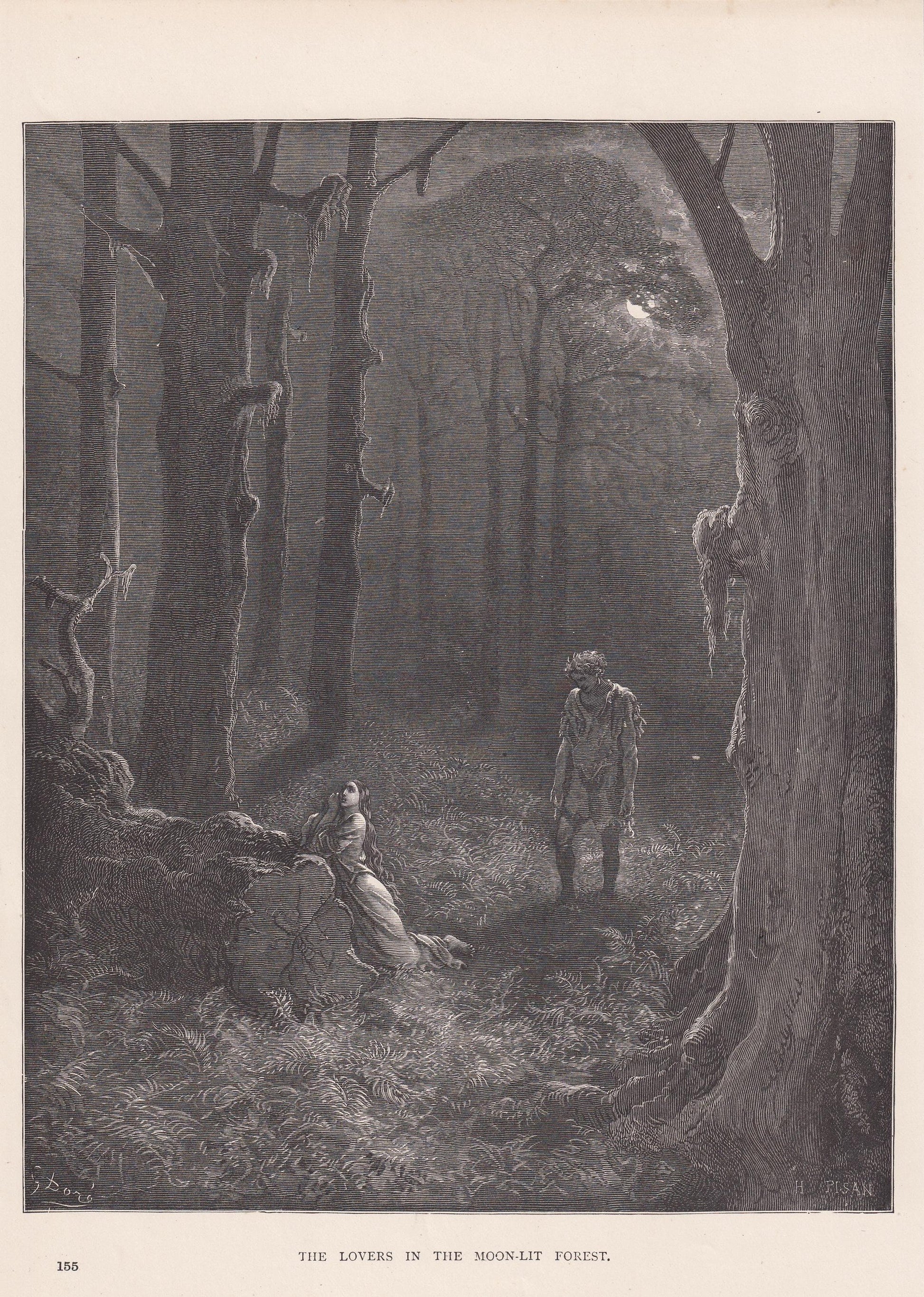 1870 GUSTAVE DORE Print - "The Lovers in the Moonlit Forest" - Dore Wall Art - Dore Engraving - 8.5 x 12.2 Inches