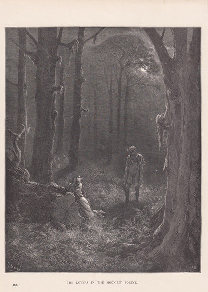 1870 GUSTAVE DORE Print - "The Lovers in the Moonlit Forest" - Dore Wall Art - Dore Engraving - 8.5 x 12.2 Inches