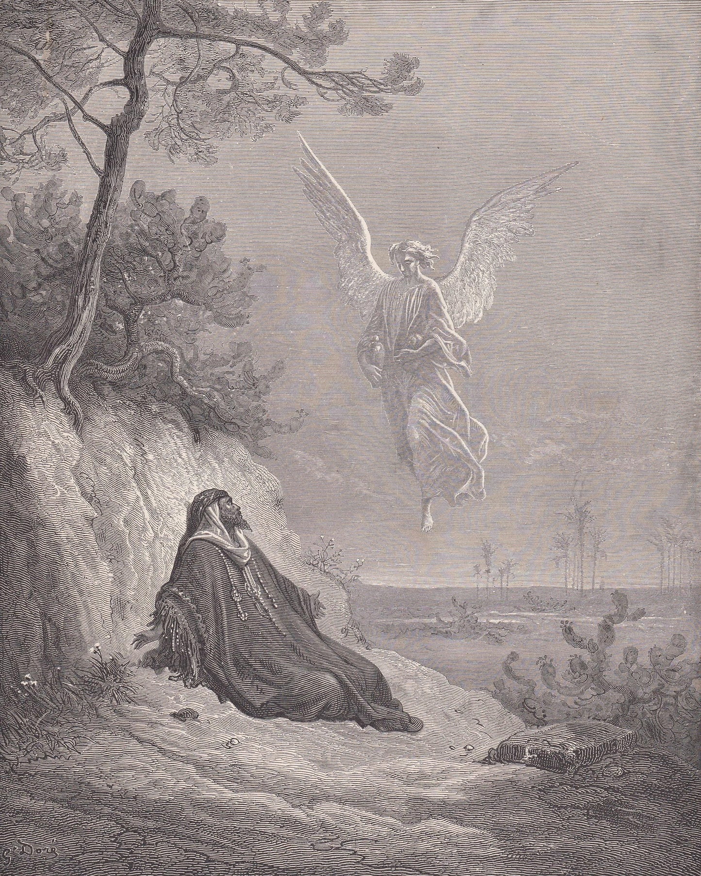 1870 GUSTAVE DORE Print - "Elijah Nourished by an Angel" - Dore Wall Art - Dore Engraving - 8.5 x 12.2 Inches