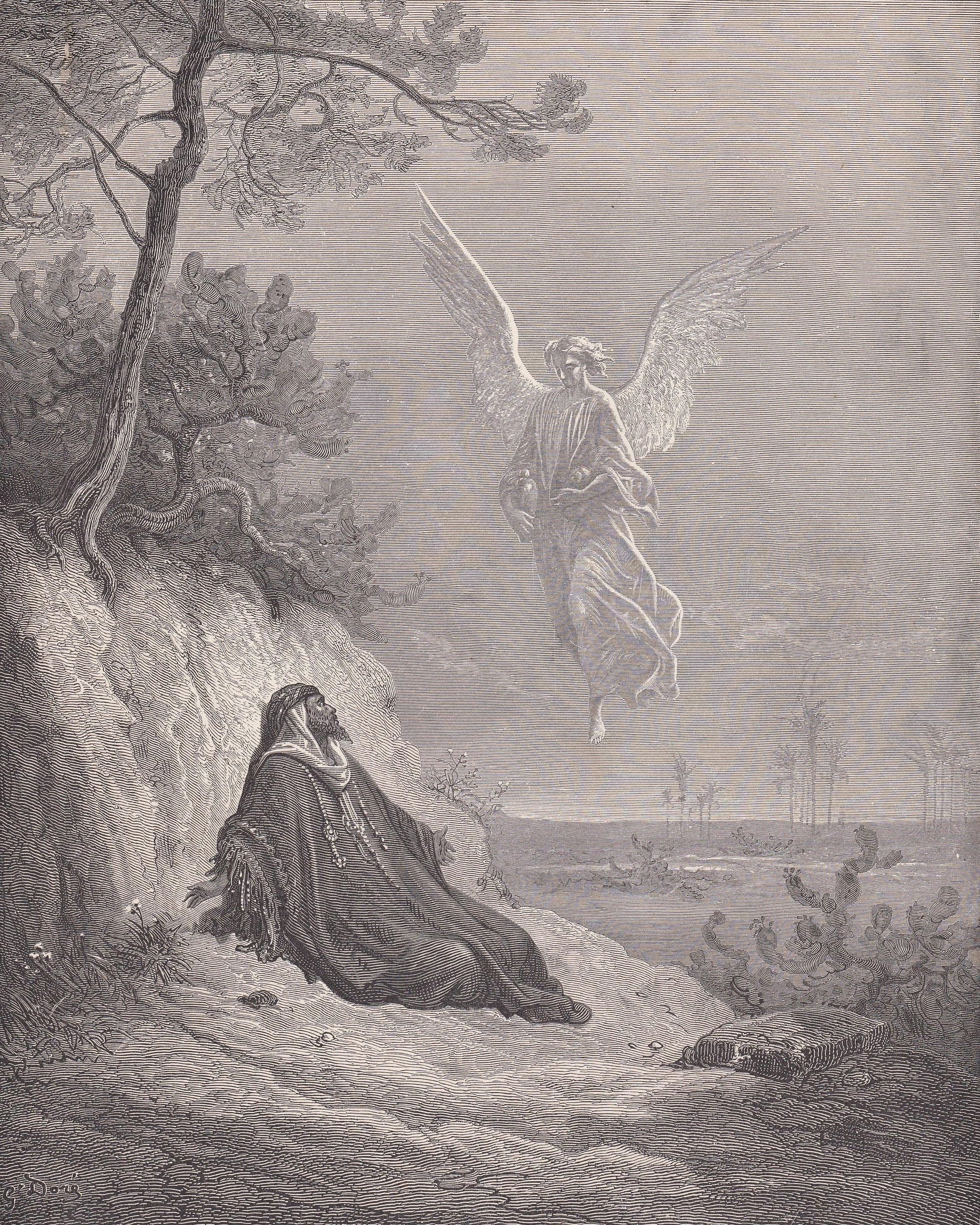 1870 GUSTAVE DORE Print - "Elijah Nourished by an Angel" - Dore Wall Art - Dore Engraving - 8.5 x 12.2 Inches