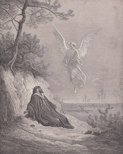 1870 GUSTAVE DORE Print - "Elijah Nourished by an Angel" - Dore Wall Art - Dore Engraving - 8.5 x 12.2 Inches