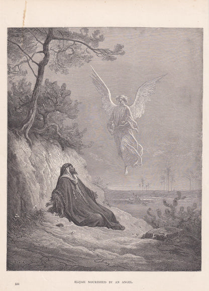 1870 GUSTAVE DORE Print - "Elijah Nourished by an Angel" - Dore Wall Art - Dore Engraving - 8.5 x 12.2 Inches