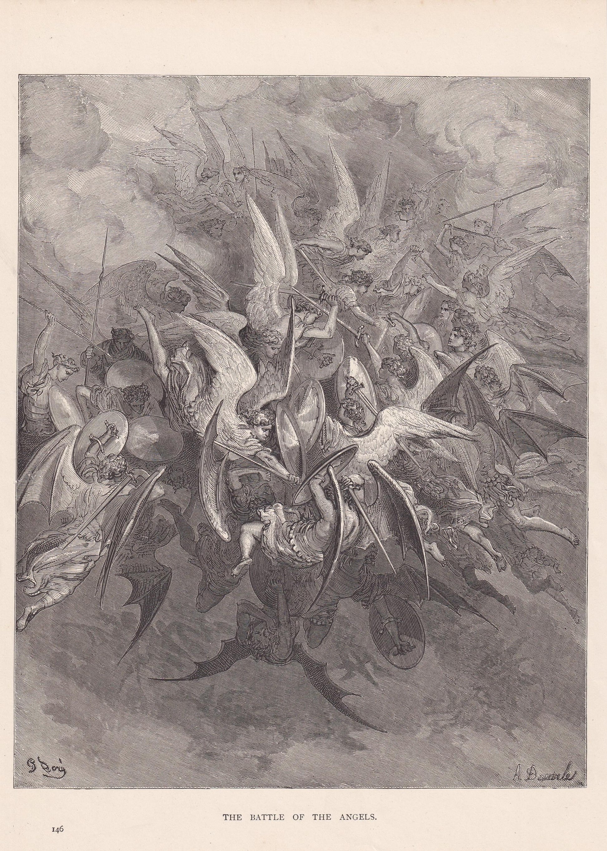 1870 GUSTAVE DORE Print - "The Battle of the Angels" - Dore Wall Art - Dore Engraving - 8.5 x 12.8 Inches