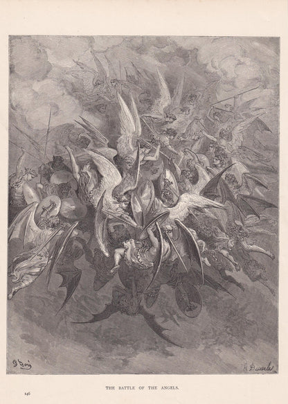 1870 GUSTAVE DORE Print - "The Battle of the Angels" - Dore Wall Art - Dore Engraving - 8.5 x 12.8 Inches