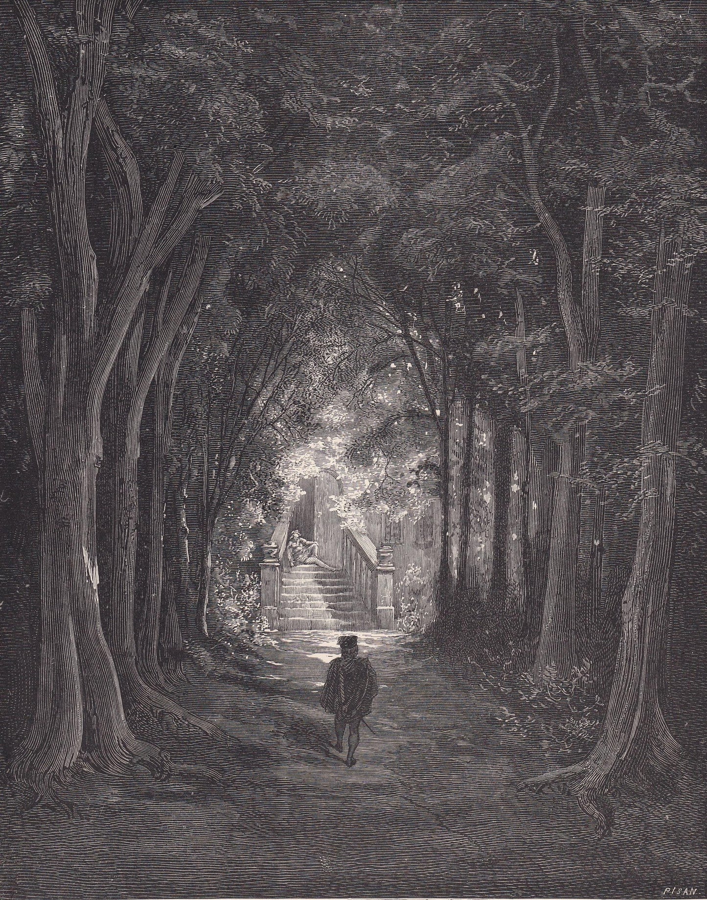 1870 GUSTAVE DORE Print - "The Approach to the Enchanted Palace" - Dore Wall Art - Dore Engraving - 8.5 x 12.8 Inches