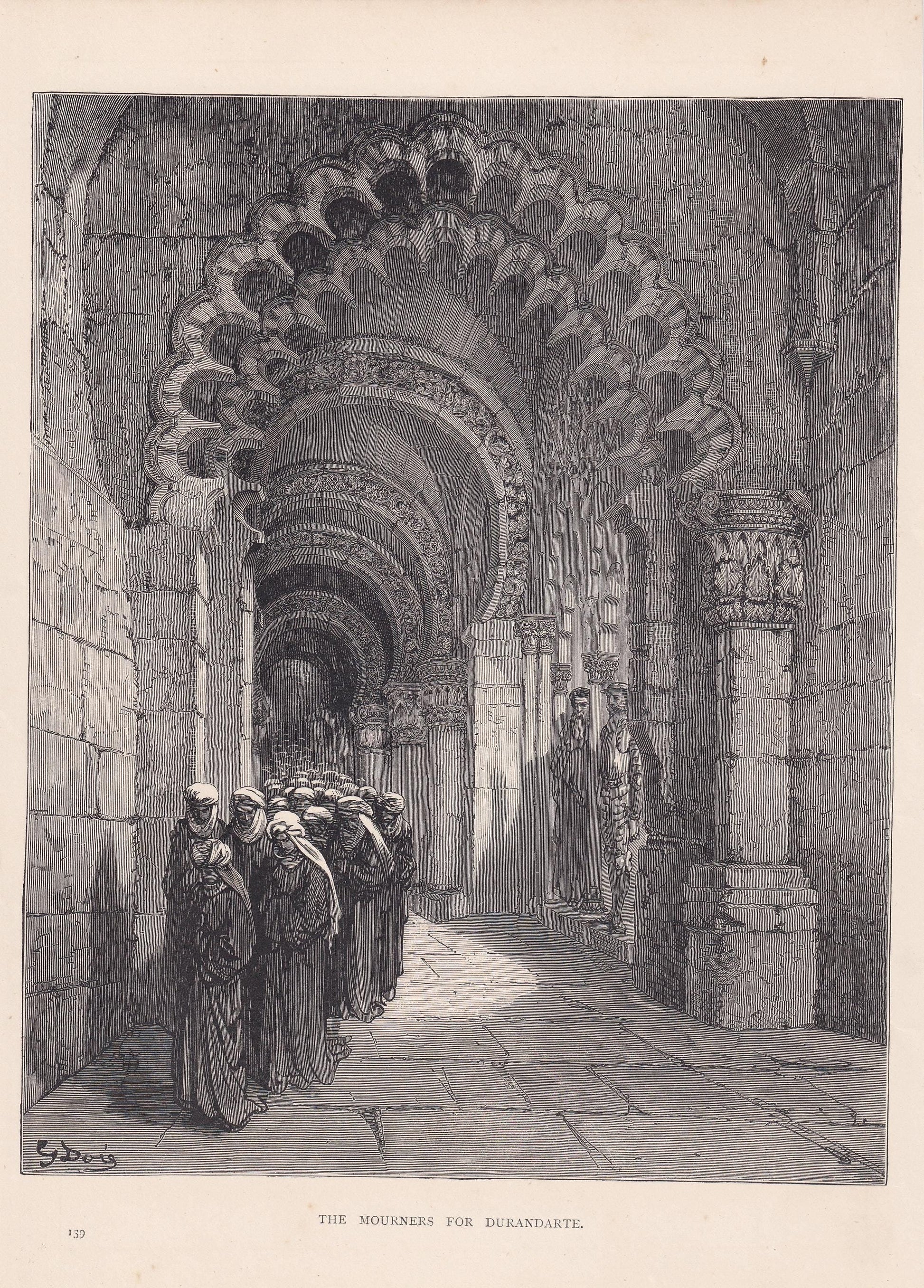 1870 GUSTAVE DORE Print - "The Mourners for Durandarte" - Dore Wall Art - Dore Engraving - 8.5 x 12.2 Inches