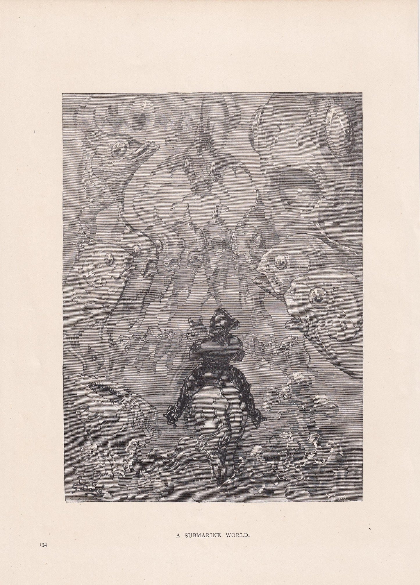 1870 GUSTAVE DORE Print - "A Submarine World" - Dore Wall Art - Dore Engraving - 8.5 x 12.2 Inches