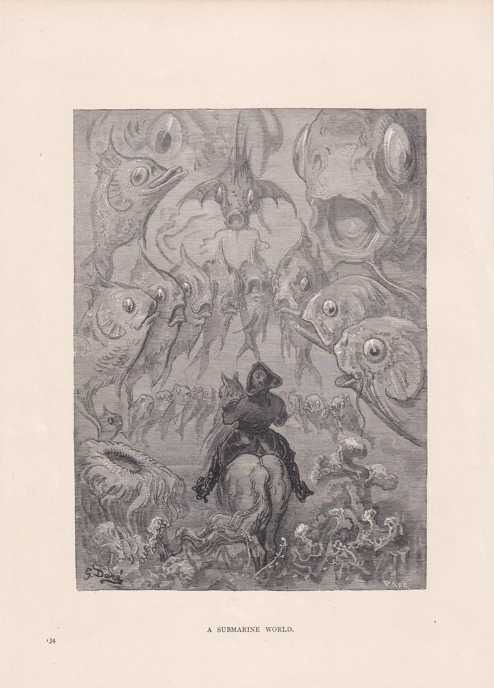 1870 GUSTAVE DORE Print - "A Submarine World" - Dore Wall Art - Dore Engraving - 8.5 x 12.2 Inches