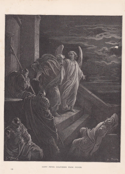 1870 GUSTAVE DORE Print - "Saint Peter Delivered from Prison" - Dore Wall Art - Dore Engraving - 8.5 x 12.2 Inches